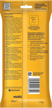 Tył pomarańczowego opakowania Pedigree Dentastix Light 152g. Pełne informacje, skład, benefity dla zdrowia jamy ustnej.