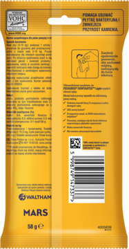 Tył pomarańczowego opakowania Pedigree Dentastix Light 58g dla psa. Widoczne VOHC, redukcja kamienia, kod kreskowy.