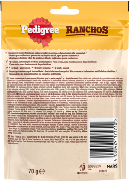 Pedigree Ranchos Cubes karma dla psa, tył beżowej torebki 70g z etykietami, kodem kreskowym i logo Mars.