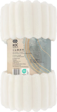 Biały puszysty koc eloy, zrolowany, widok z przodu. Etykieta z napisem KOC i wymiarami 160x200 cm.