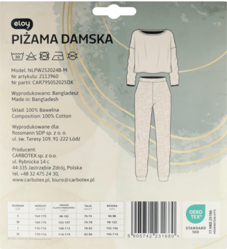Beżowa piżama damska eloy, 100% bawełna, długie rękawy i nogawki, rysunek na etykiecie produktu.