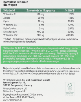 Tył opakowania witamin dla wegan Rossmann: zielona etykieta z tabelą składników odżywczych i opisem.