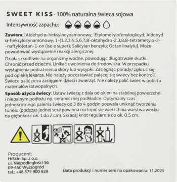 Tylna etykieta świecy sojowej Hiskin Walentynkowa: szczegółowe instrukcje, skład, ostrzeżenia. Białe tło z czarnym tekstem i symbolami.