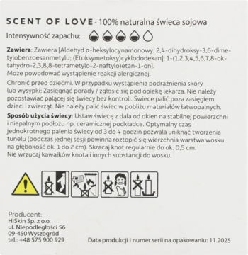 Tył opakowania Hiskin Walentynkowa świeca Czerwone Serce, naturalna sojowa, z tekstem i symbolami na jasnym tle.