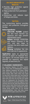 Opis produktu EN: FACE CREAM SPF 50 na ciemnym tle, z listą składników, wyników i certyfikatem PETA.