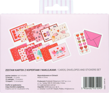 Eloy Zestaw kartek, kopert i naklejek, tył opakowania prezentujący kolorowe serca i wzory na kartkach.
