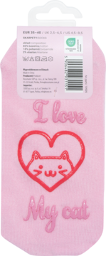 Różowe skarpetki Eloy r.35-40 z napisem "I love My cat" i uroczym kotem w czerwonym sercu, widok z tyłu opakowania.