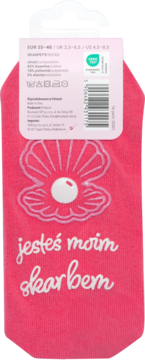 Tył różowych skarpet damskich Eloy 'jesteś moim skarbem' z perłowym motywem i etykietą produktu.