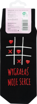 Eloy czarne skarpety męskie 40-45, z czerwonym motywem kółko i krzyżyk i napisem 'Wygrałaś moje serce', widok z przodu.