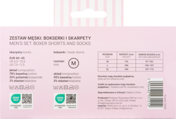 Tył opakowania zestawu męskich bokserek i skarpetek z tabelami rozmiarów, składem materiału i symbolami prania.