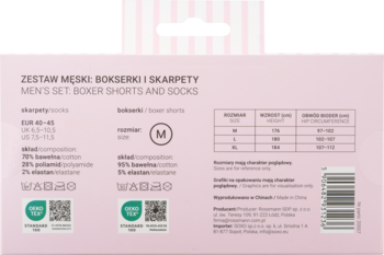 Tył opakowania zestawu męskich bokserek i skarpetek w kolorze różowym z tabelami rozmiarów i składem materiału.
