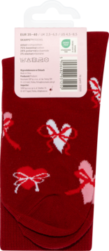 Eloy Skarpety damskie serca 35-40. Tył opakowania: czerwone skarpety w białe serca z kokardami. Etykieta produktu.
