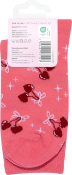 Tył opakowania różowych skarpetek Eloy w ciemnoczerwone wiśnie i białe gwiazdki. Widoczne metki z rozmiarem 35-40 i składem.