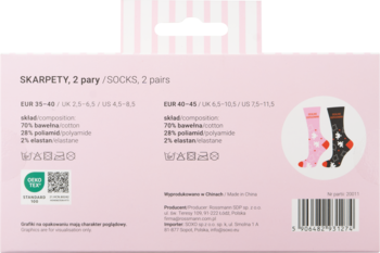 Tył opakowania Eloy Skarpety BFF 2 pary, rozmiar 35-40, z listą składu, ikonami prania i widocznymi wzorami skarpetek.