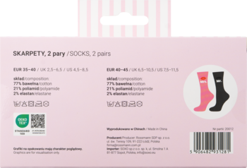 Eloy Skarpety BFF MRS MS r.35-40, tył opakowania z grafikami różowej i czarnej skarpety, skład materiału.