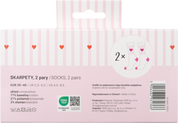 Tył różowo-białego pudełka skarpet Eloy BFF w paski z serduszkami. Widać rysunek 2 par, skład, rozmiar 35-40.