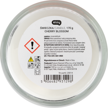 Eloy Świeca zapachowa Cherry Blossom 170g, widok z góry na etykietę z ostrzeżeniami i kodem kreskowym. Biały wosk.