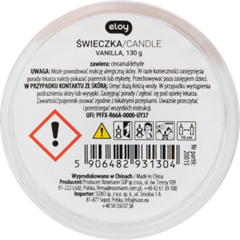 Eloy świeca zapachowa waniliowa 130g, widok od góry na etykietę z ostrzeżeniami i kodem kreskowym.