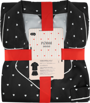 Eloy piżama damska czarna w białe serca, rozmiar S, złożona i przewiązana czerwoną wstążką z metką produktu.