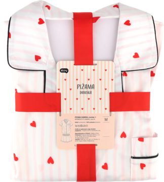 Eloy piżama damska M, biała w czerwone serca i paski, z czarną lamówką, złożona, przewiązana wstążką.