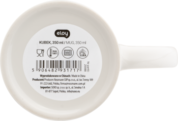 Spód białego kubka Eloy o pojemności 350 ml, z etykietą zawierającą kod kreskowy i instrukcje użytkowania.