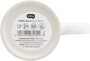 Dno białego ceramicznego kubka Eloy 250 ml z kodem kreskowym i ikonami mycia. Widoczne dane producenta.