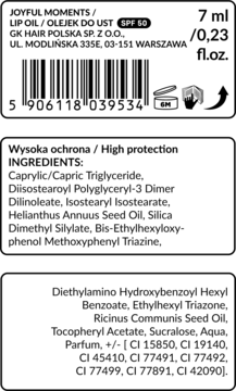 Tył opakowania olejku do ust Joyful Moments SPF 50, biała etykieta z listą składników i kodem kreskowym.