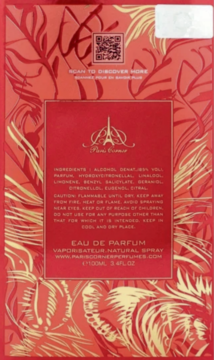 Tył czerwonego opakowania perfum Paris Corner Eau de Parfum z kwiecistym wzorem, widoczne składniki i kod QR.