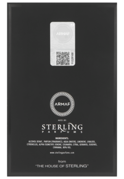 Tył czarnego opakowania męskiej wody perfumowanej Armaf Club de Nuit Urban, ze składnikami i logo Sterling Parfums.