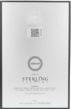 Tył srebrnego pudełka perfum Armaf Club de Nuit Sillage z hologramami, listą składników i logo Sterling Parfums.