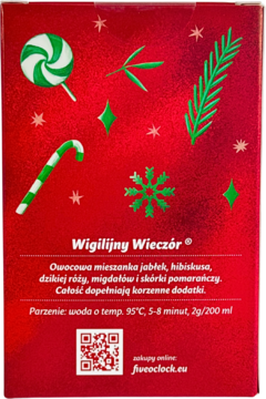 Tył błyszczącego, czerwonego opakowania Wigilijny Wieczór. Widoczne świąteczne wzory i opis mieszanki owocowo-korzennej.