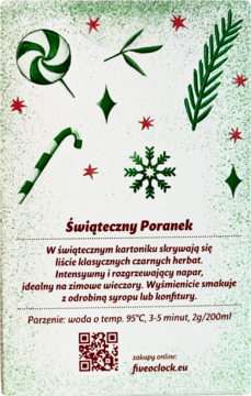 Tył opakowania herbaty "Świąteczny Poranek" z zielono-białymi ilustracjami świątecznymi, opisem i kodem QR.