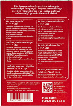 Tył czerwonego opakowania zestawu herbat świątecznych. Widoczne nazwy herbat, składniki, ostrzeżenia i masa netto 60g.