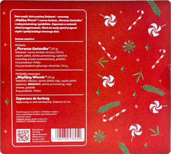 Tył czerwonego świątecznego zestawu prezentowego z dwiema herbatami i zaparzaczem, widoczny opis zawartości.