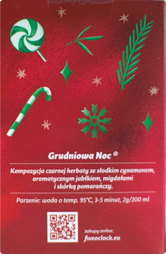 Tył czerwonego opakowania herbaty Grudniowa Noc z świątecznymi symbolami, opis składu i instrukcje parzenia.