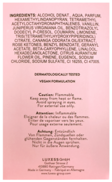 Tył wody perfumowanej Bugatti Bella Donna Dolce Amore. Widoczne składniki, ostrzeżenia o palności i językowe opisy.
