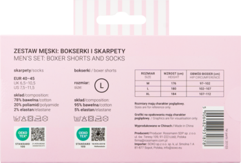 Tył różowego opakowania zestawu męskich bokserek i skarpet L, z tabelą rozmiarów i składem bawełny.