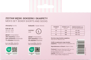 Tył różowego opakowania zestawu męskiego: bokserki i skarpety. Widoczne dane o składzie (głównie bawełna), rozmiarze L, symbolach prania.