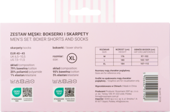 Tył różowego opakowania zestawu męskiego: bokserki XL i skarpety 40-45. Widoczne szczegóły składu i rozmiarów.