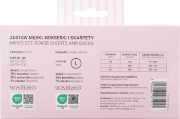 Tył różowego opakowania zestawu męskich bokserek i skarpetek z tabelami rozmiarów, składem materiału.