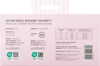 Tył opakowania męskiego zestawu bokserek i skarpet z tabelą rozmiarów oraz szczegółami składu materiałów.