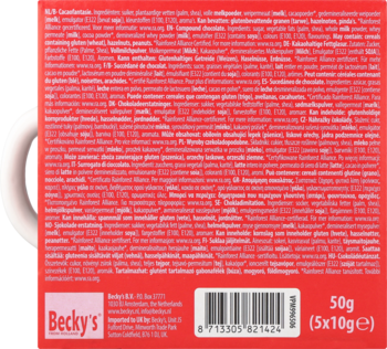 Tył czerwonego opakowania pralin czekoladowych Becky's 50g z białym tekstem, kodem kreskowym i uchwytem kubka.