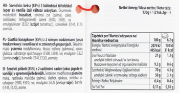 Zbliżenie na etykietę ciastek, widoczne szczegółowe informacje o składnikach i tabela wartości odżywczych.