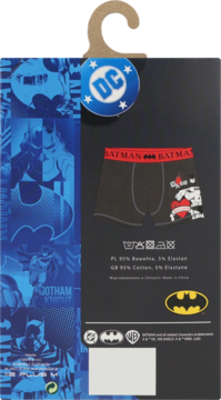 Metka produktowa z grafiką czarnych bokserek Batman z czerwoną gumką, motywem Batmana i logo DC.
