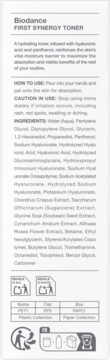 Tył opakowania Biodance FIRST SYNERGY TONER z listą składników, instrukcją użycia i ikonami recyklingu.