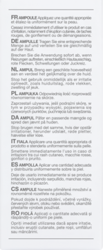 Biała etykieta z czarnymi instrukcjami użytkowania produktu w 9 językach, zawierająca ważne ostrzeżenia.
