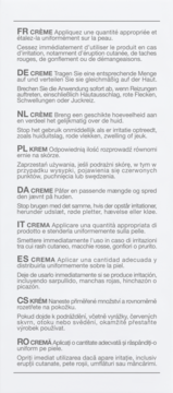 Panel z instrukcjami aplikacji i ostrzeżeniami dla kremu w językach FR, DE, NL, PL, DA, IT, ES, CS, RO.