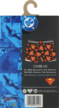 Tył opakowania męskich bokserek Superman DC Comics z wzorem serc i logo, skład 95% bawełna.