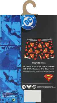 Tył opakowania męskich bokserek Superman DC, z nadrukiem w logo i serca, skład 95% bawełna.