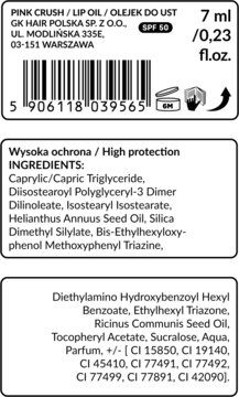 Tył opakowania olejku do ust Pink Crush GK Hair Polska SPF 50, z listą składników i kodem kreskowym.